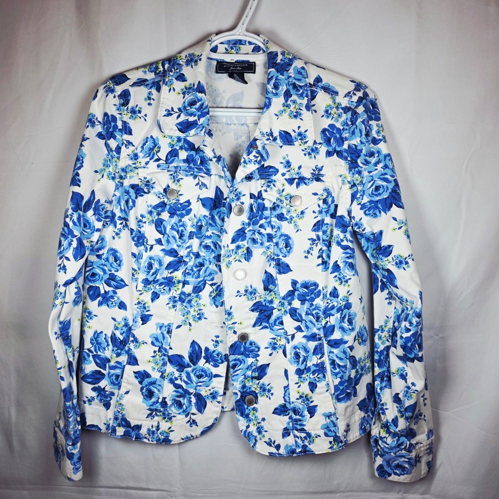 Charter Club Jean Shop Floral Denim Jacket Womens Medium Blue White Rose RN89828